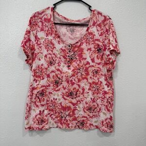 Croft & Barrow Womens XL Floral Print Short Sleeve Henley Top Pink